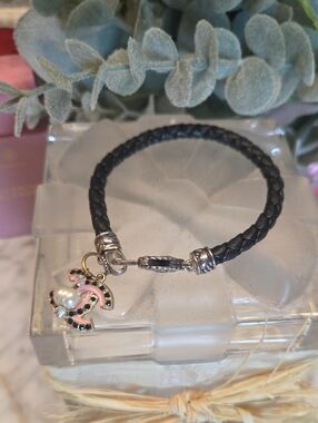 QVC JAI Sterling Silver Black Braided Leather Bracelet w/Pink & Pearl CC Charm